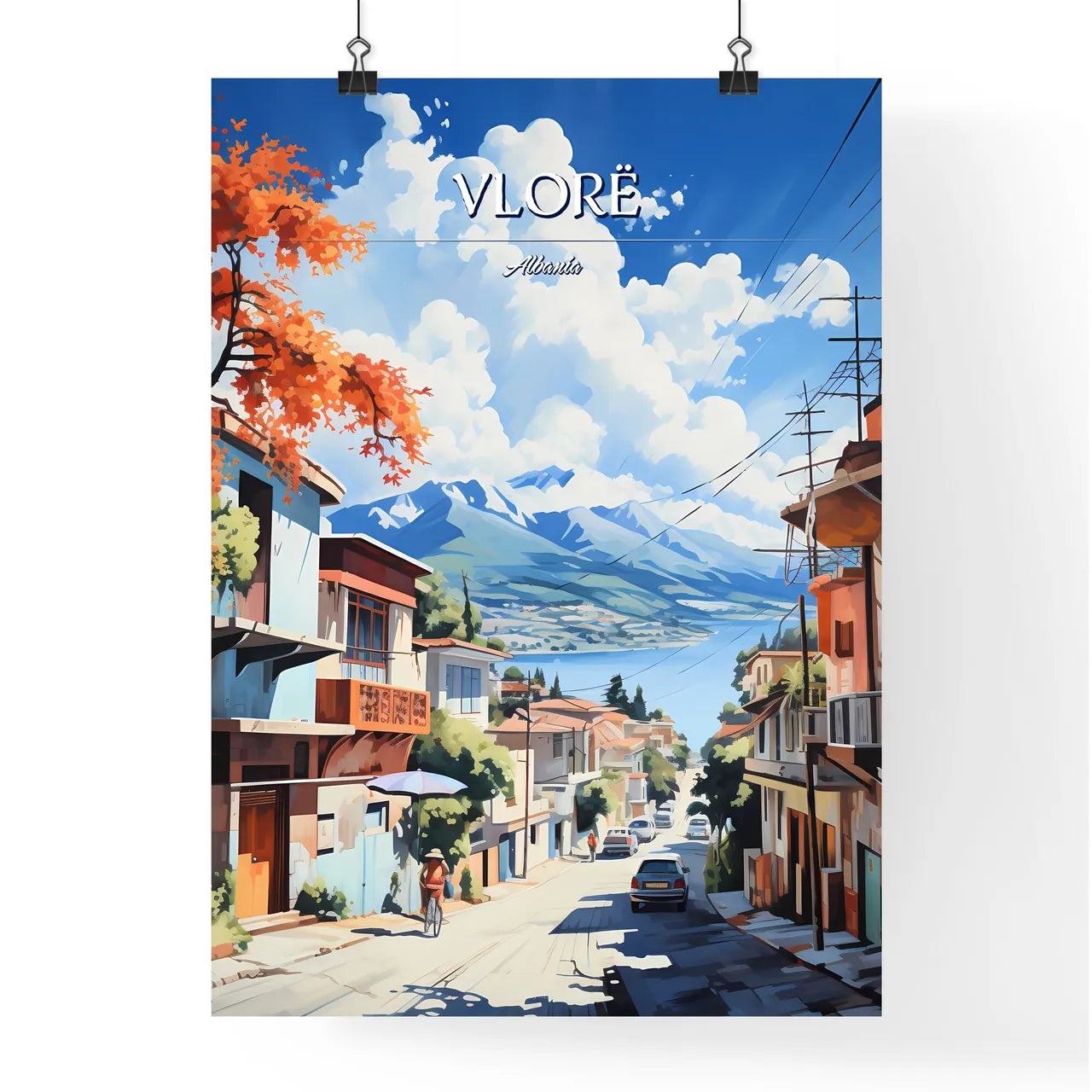 Vlorë, Albania - Art print of a street with buildings and mountains in the background Poster