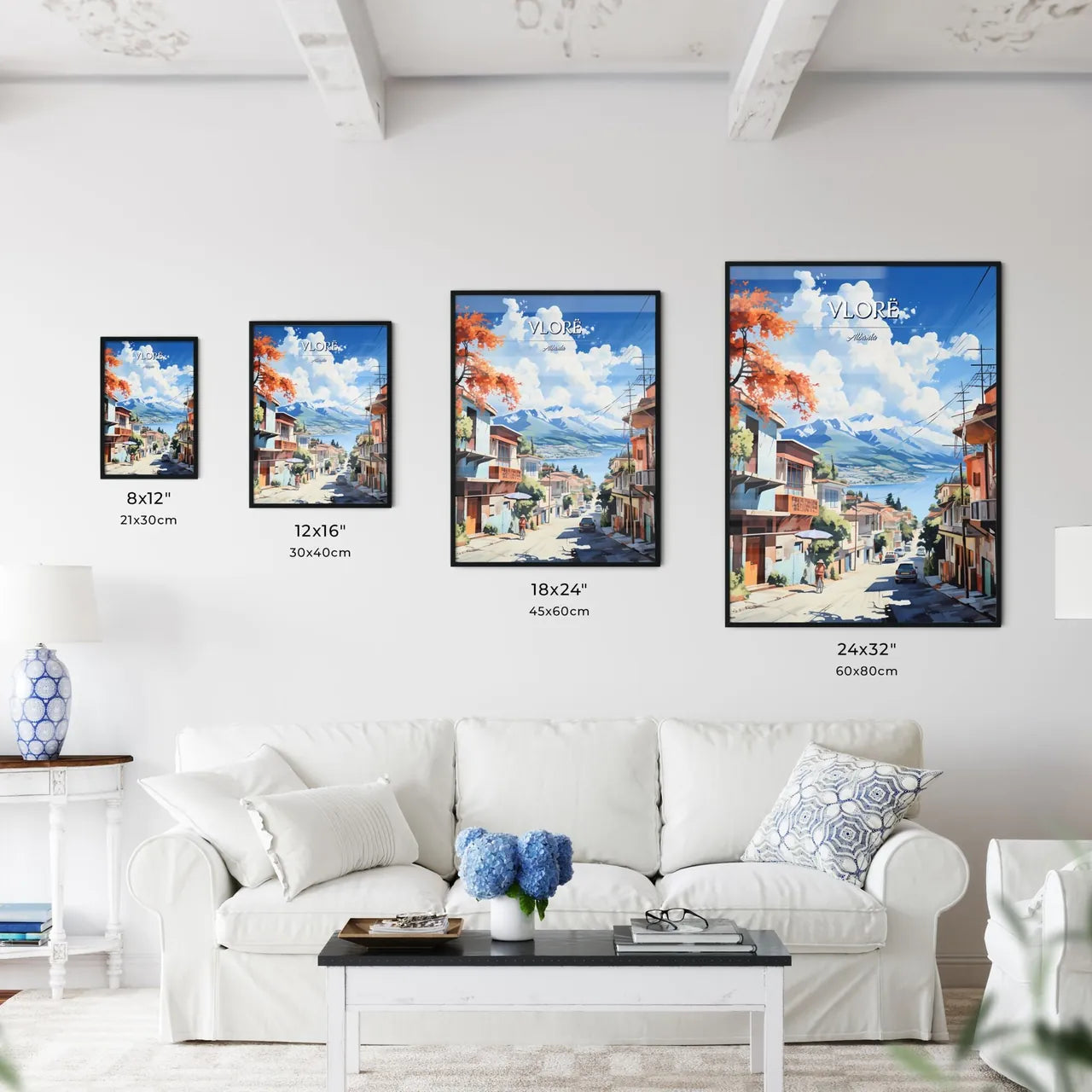 Vlorë, Albania - Art print of a street with buildings and mountains in the background Size Chart