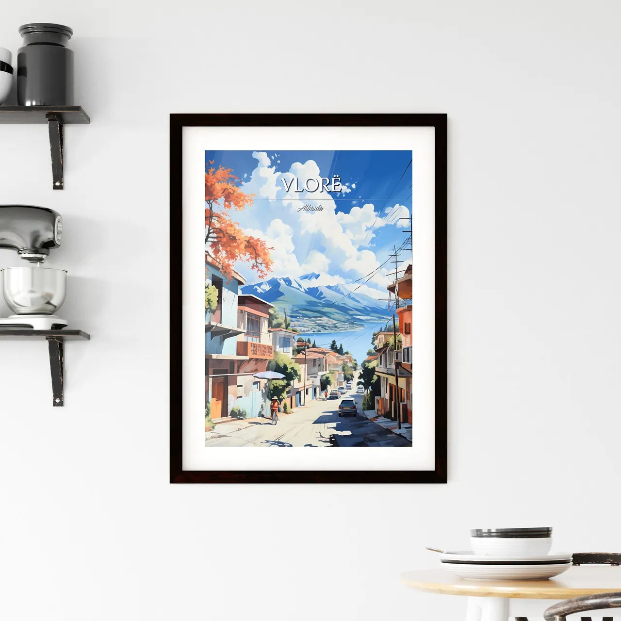 Vlorë, Albania - Art print of a street with buildings and mountains in the background Custom Print