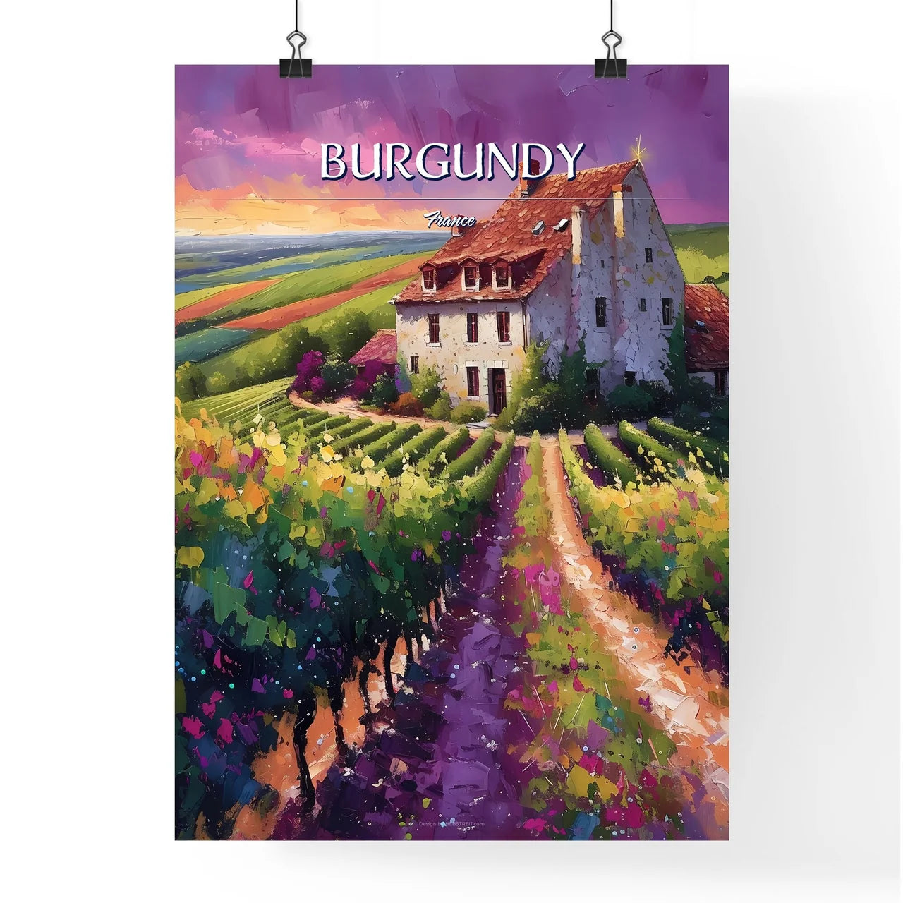 Burgundy, France - Art print of a house in a vineyard Poster