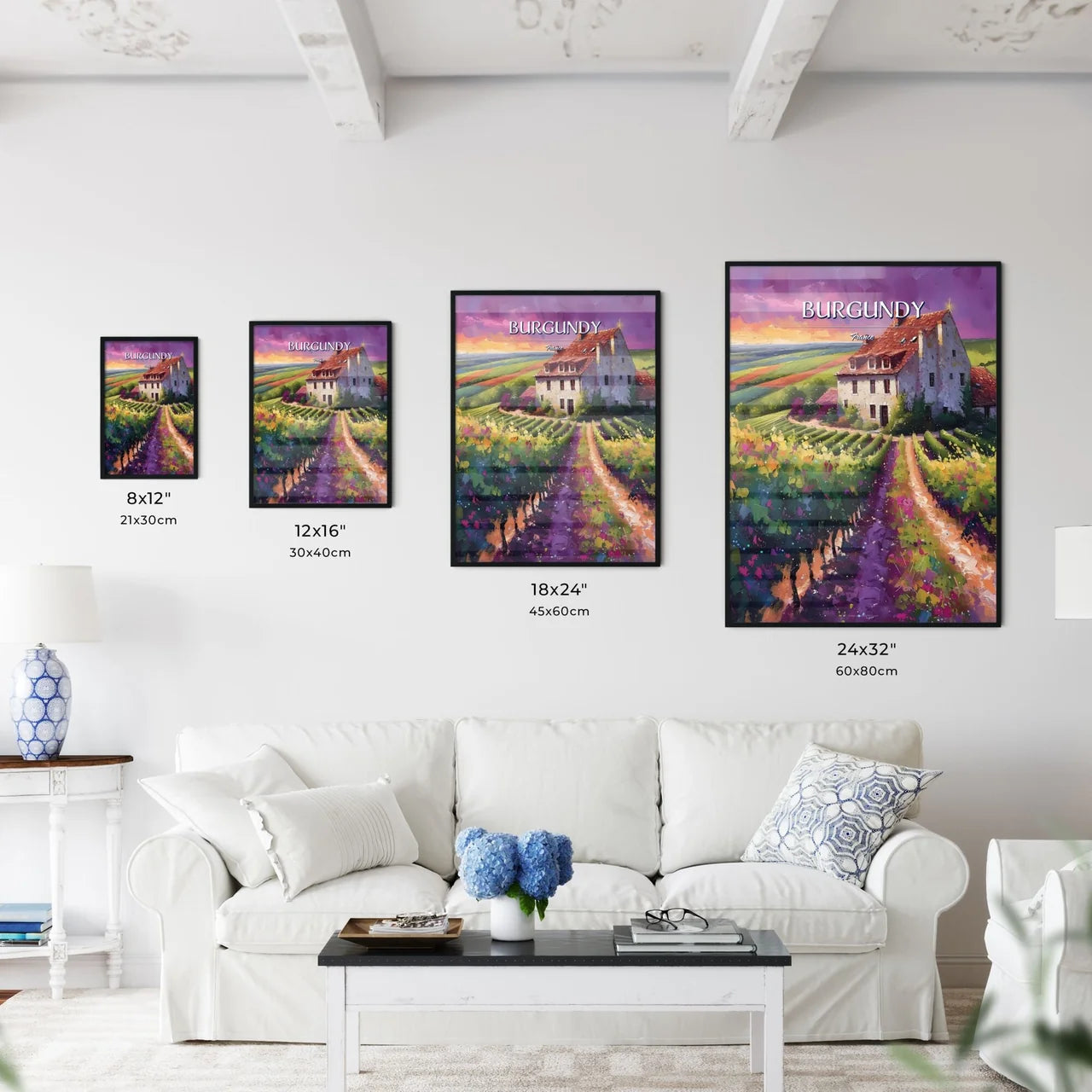 Burgundy, France - Art print of a house in a vineyard Size Chart