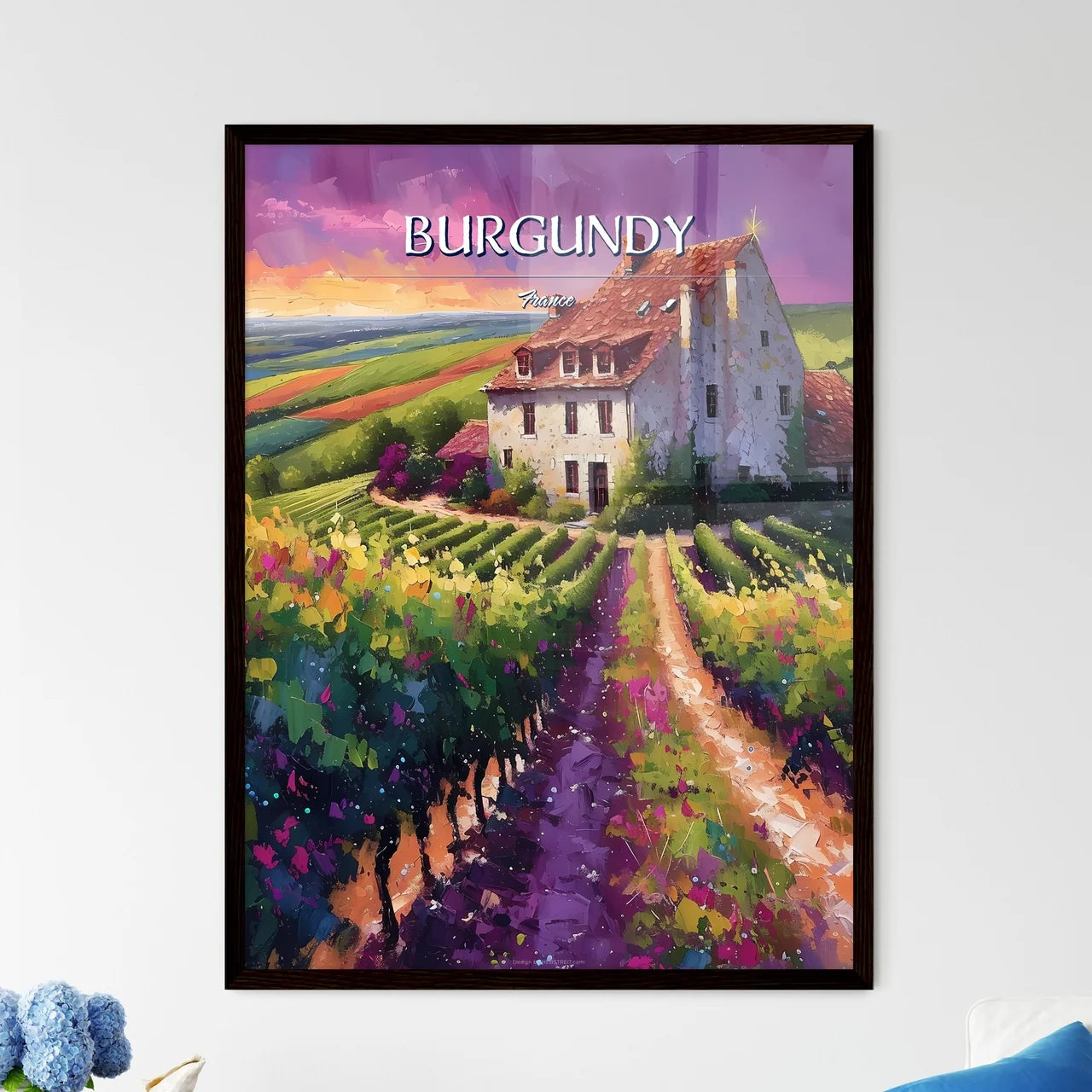 Burgundy, France - Art print of a house in a vineyard Framed Art