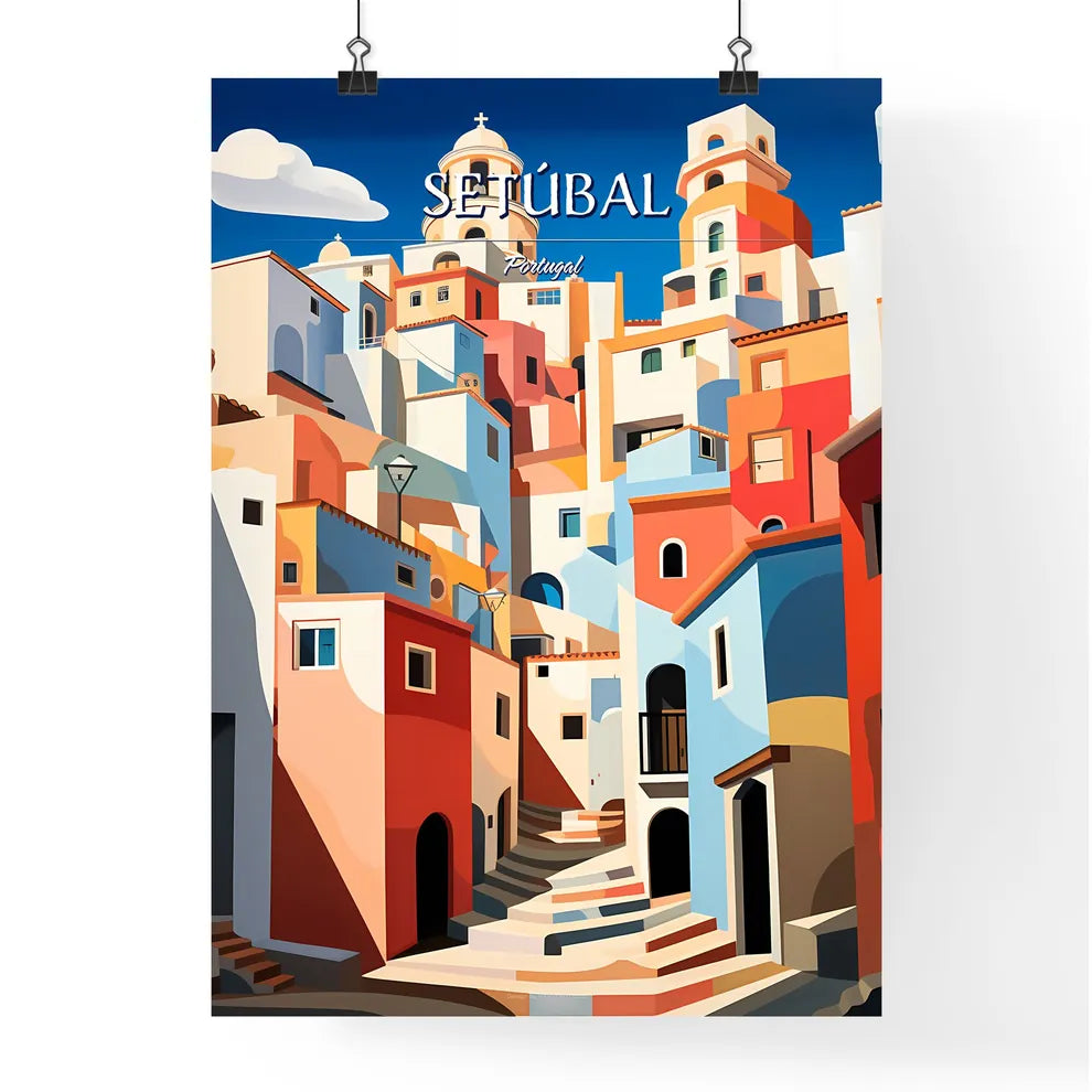 Setúbal, Portugal - Art print of a colorful buildings with stairs and a tower Poster