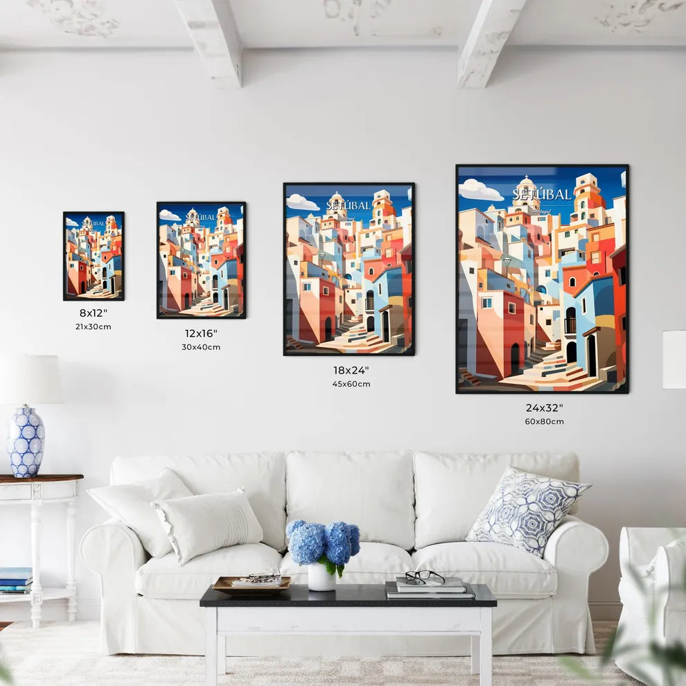 Setúbal, Portugal - Art print of a colorful buildings with stairs and a tower Size Chart