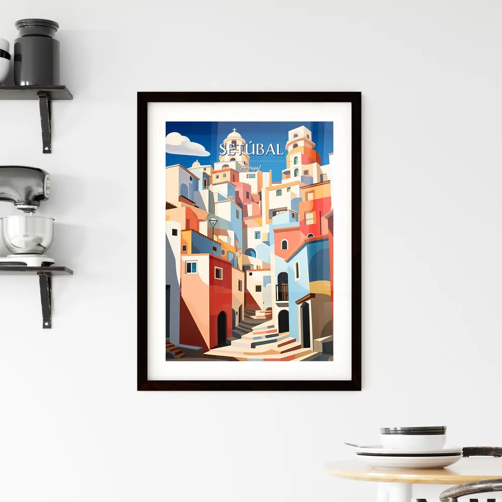 Setúbal, Portugal - Art print of a colorful buildings with stairs and a tower Custom Print