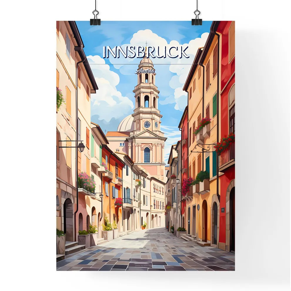 Innsbruck, Austria - Art print of a street with buildings and a tower Poster