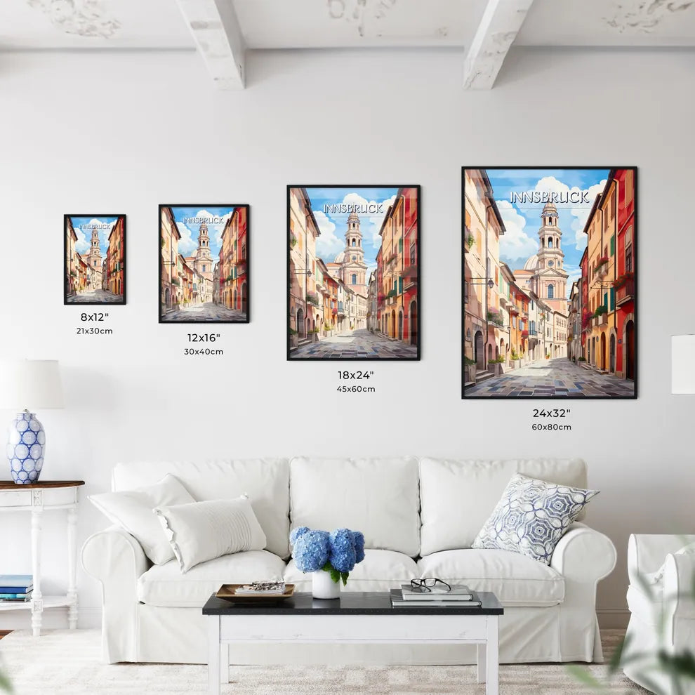 Innsbruck, Austria - Art print of a street with buildings and a tower Size Chart