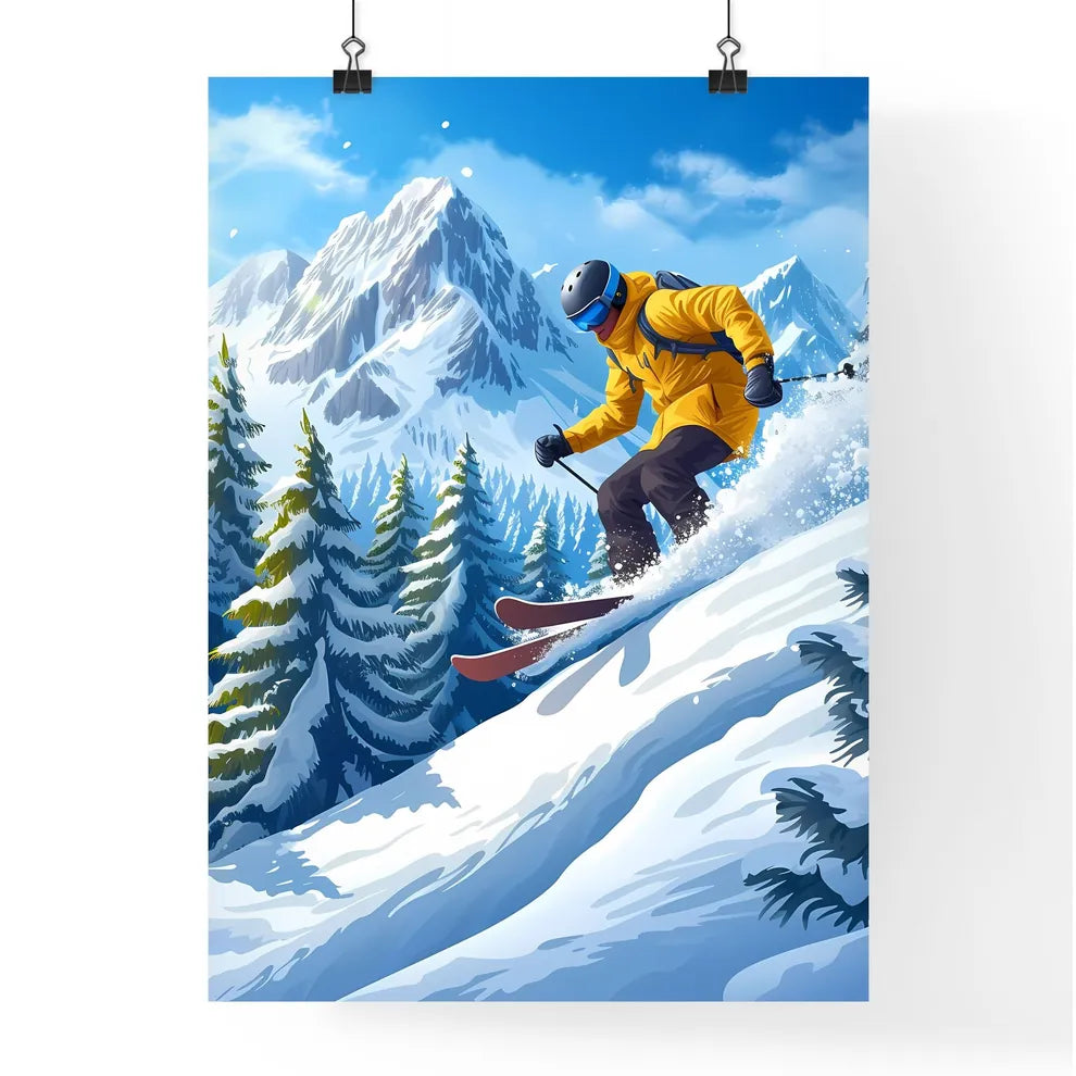 A skier wears snowboard gear and slides down Poster