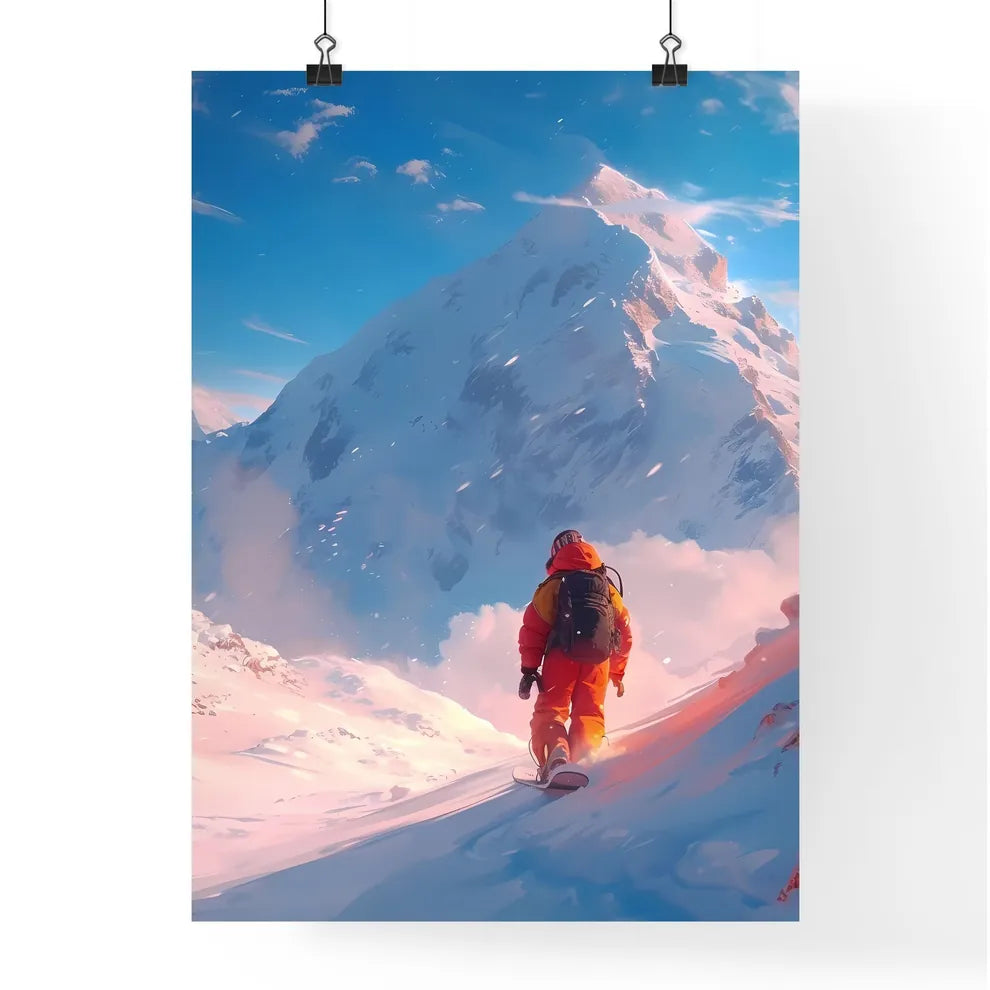 A skier wears snowboard gear and slides down Poster