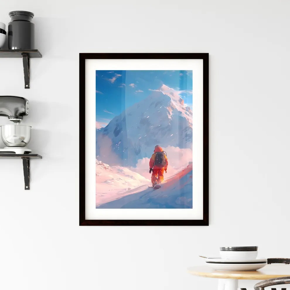 A skier wears snowboard gear and slides down Framed Print