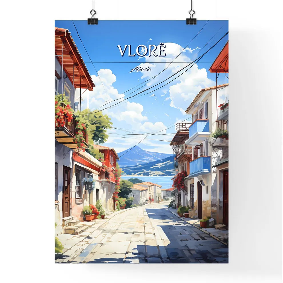 Vlorë, Albania - Art print of a street with buildings and a mountain in the background Poster