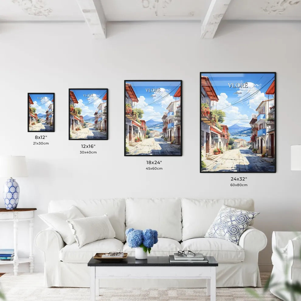 Vlorë, Albania - Art print of a street with buildings and a mountain in the background Size Chart