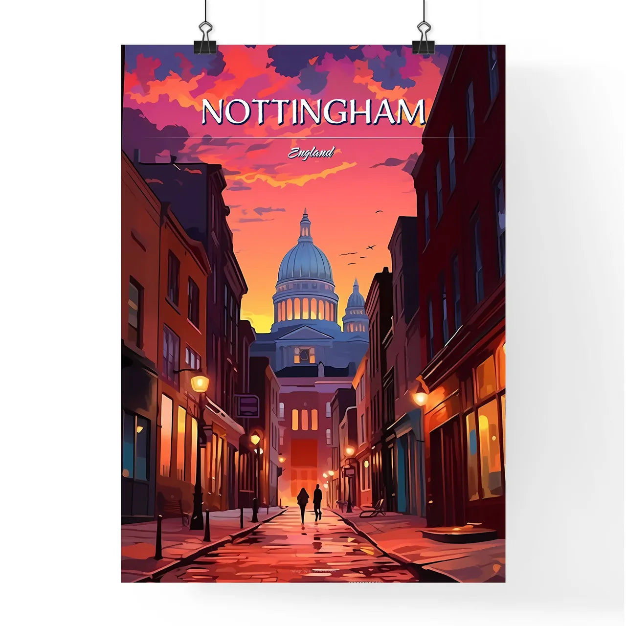 Nottingham, England - Art print of a street with buildings and a dome Poster