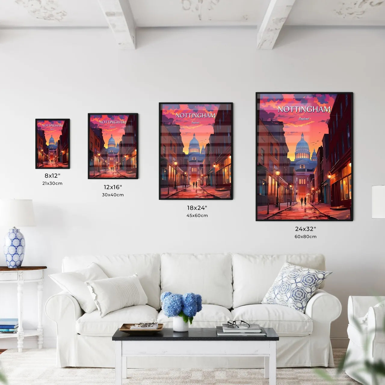 Nottingham, England - Art print of a street with buildings and a dome Size Chart