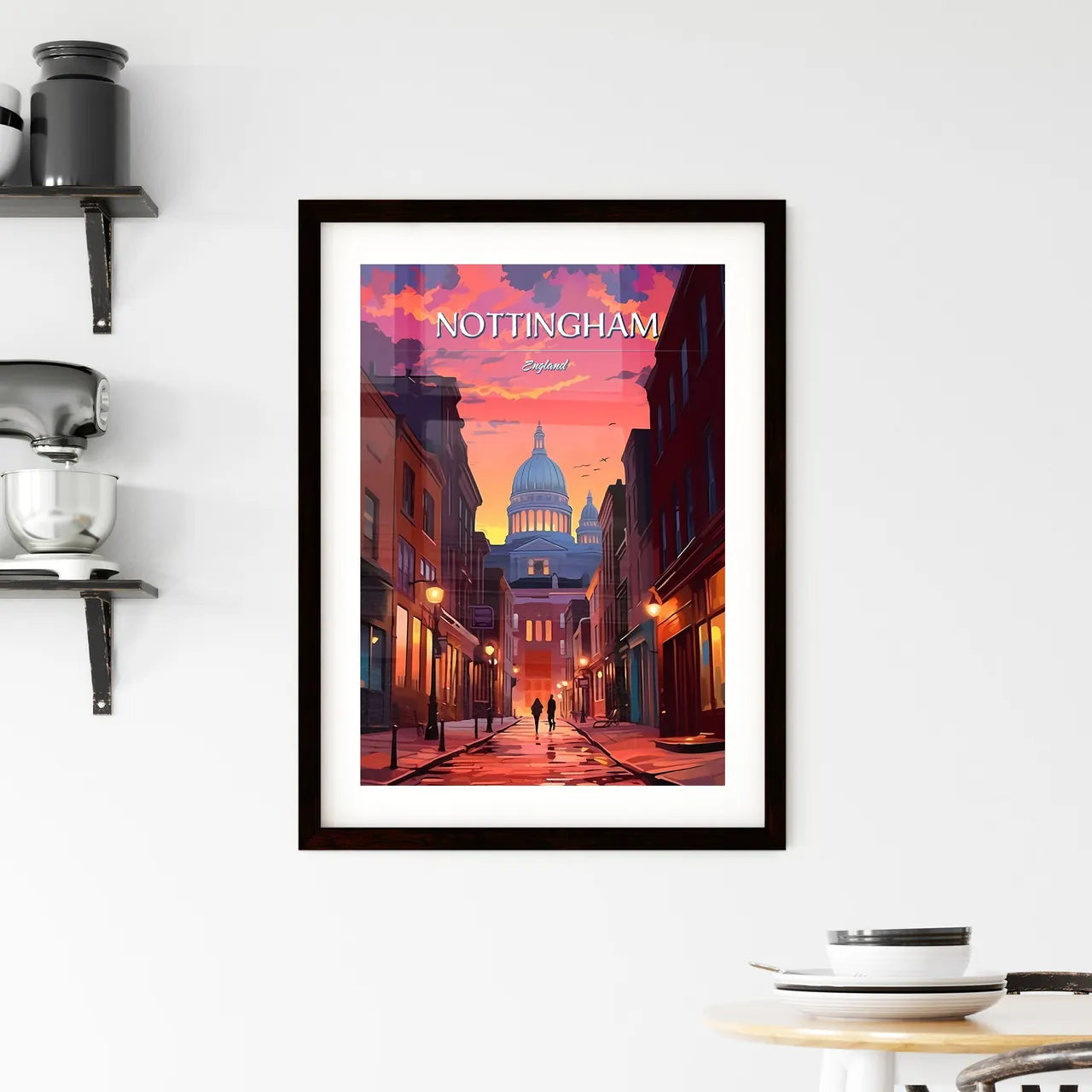 Nottingham, England - Art print of a street with buildings and a dome Custom Print