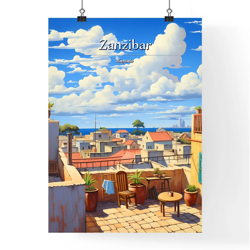 On the roofs of Zanzibar, Tanzania - Art print of a rooftop view of a town with a view of the ocean Poster