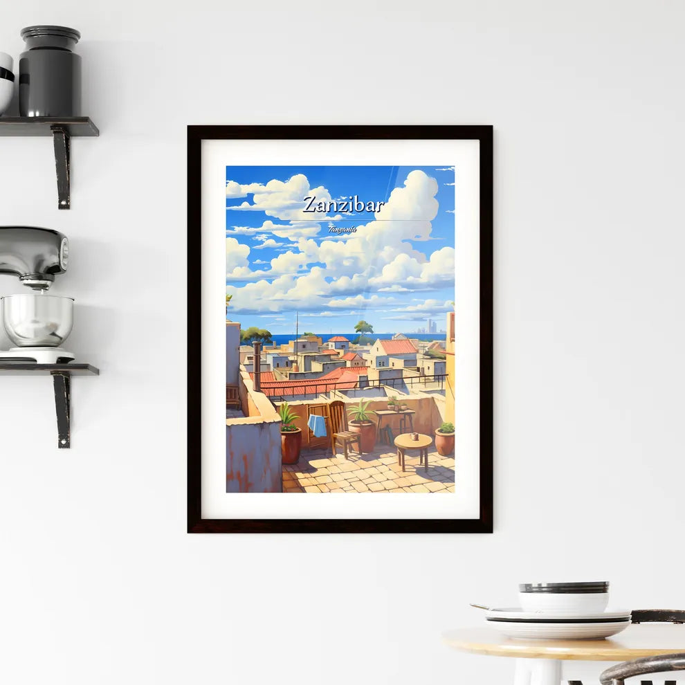 On the roofs of Zanzibar, Tanzania - Art print of a rooftop view of a town with a view of the ocean Custom Print