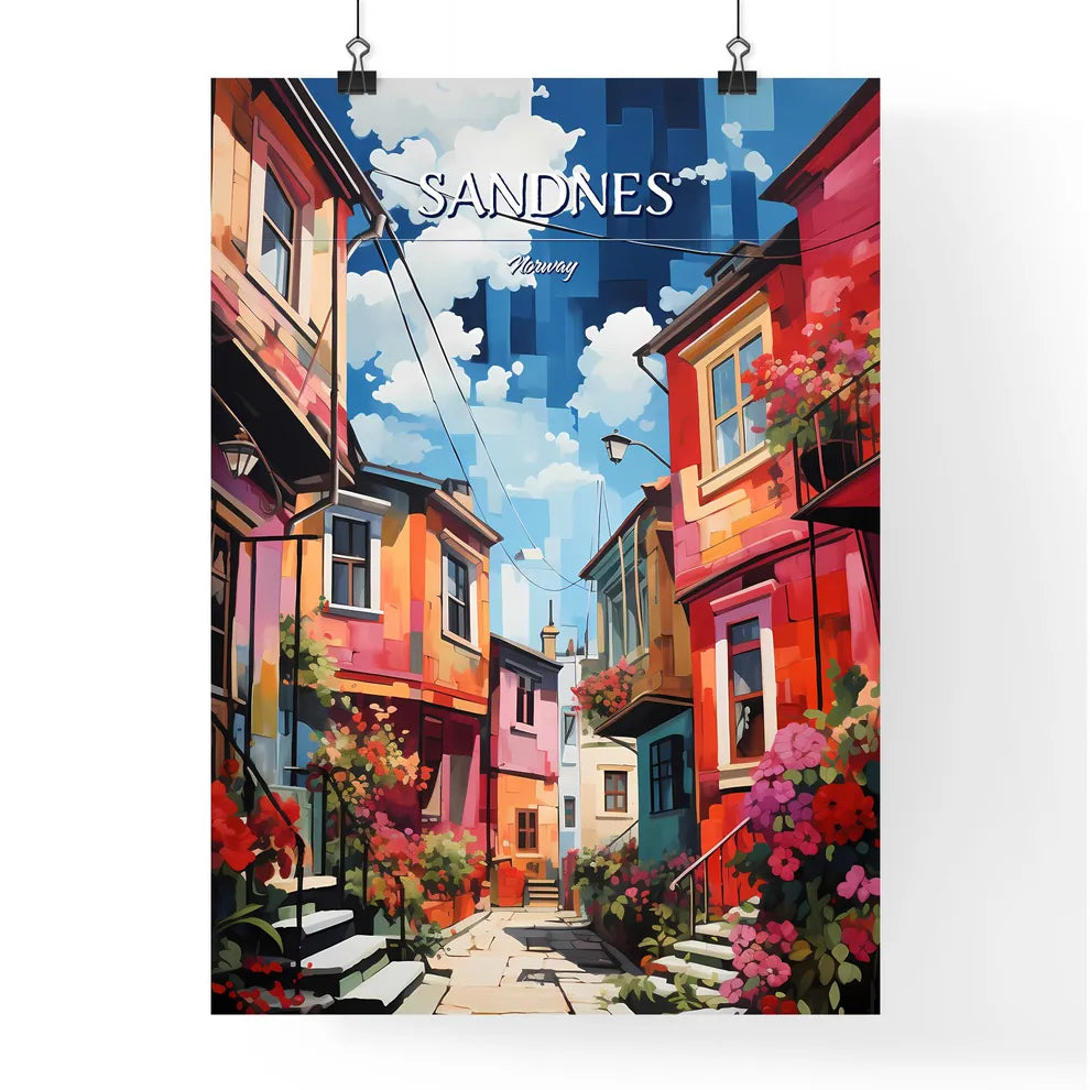 Sandnes, Norway - Art print of a colorful buildings with flowers and stairs Poster