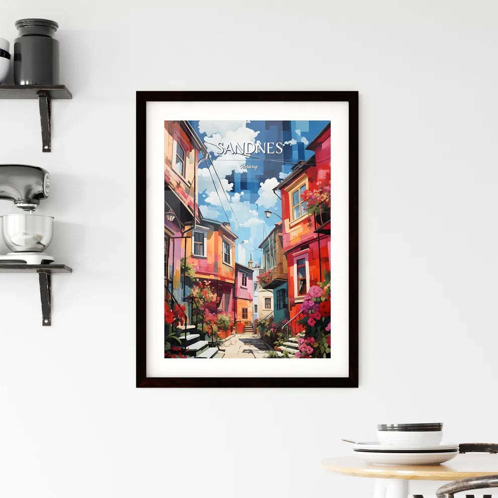 Sandnes, Norway - Art print of a colorful buildings with flowers and stairs Custom Print