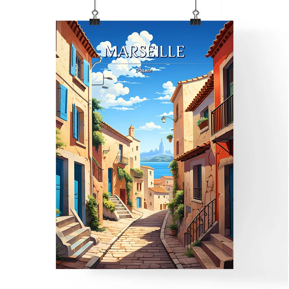 Marseille, France - Art print of a street with buildings and stairs Poster