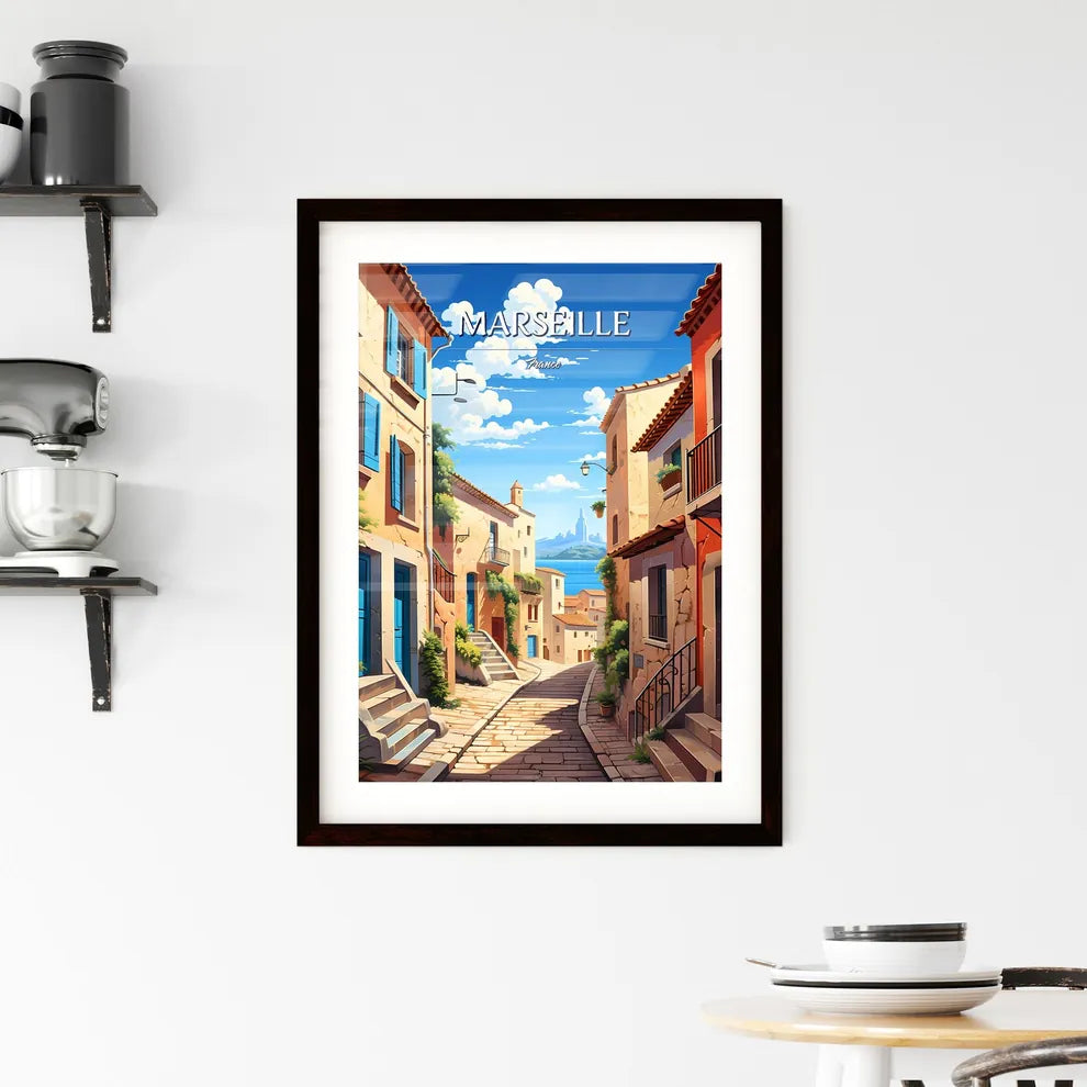Marseille, France - Art print of a street with buildings and stairs Custom Print