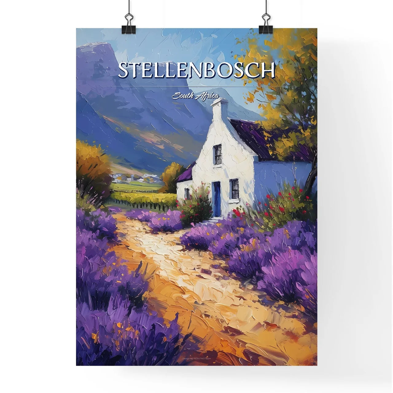 Stellenbosch, South Africa - Art print of a painting of a house with purple flowers Poster