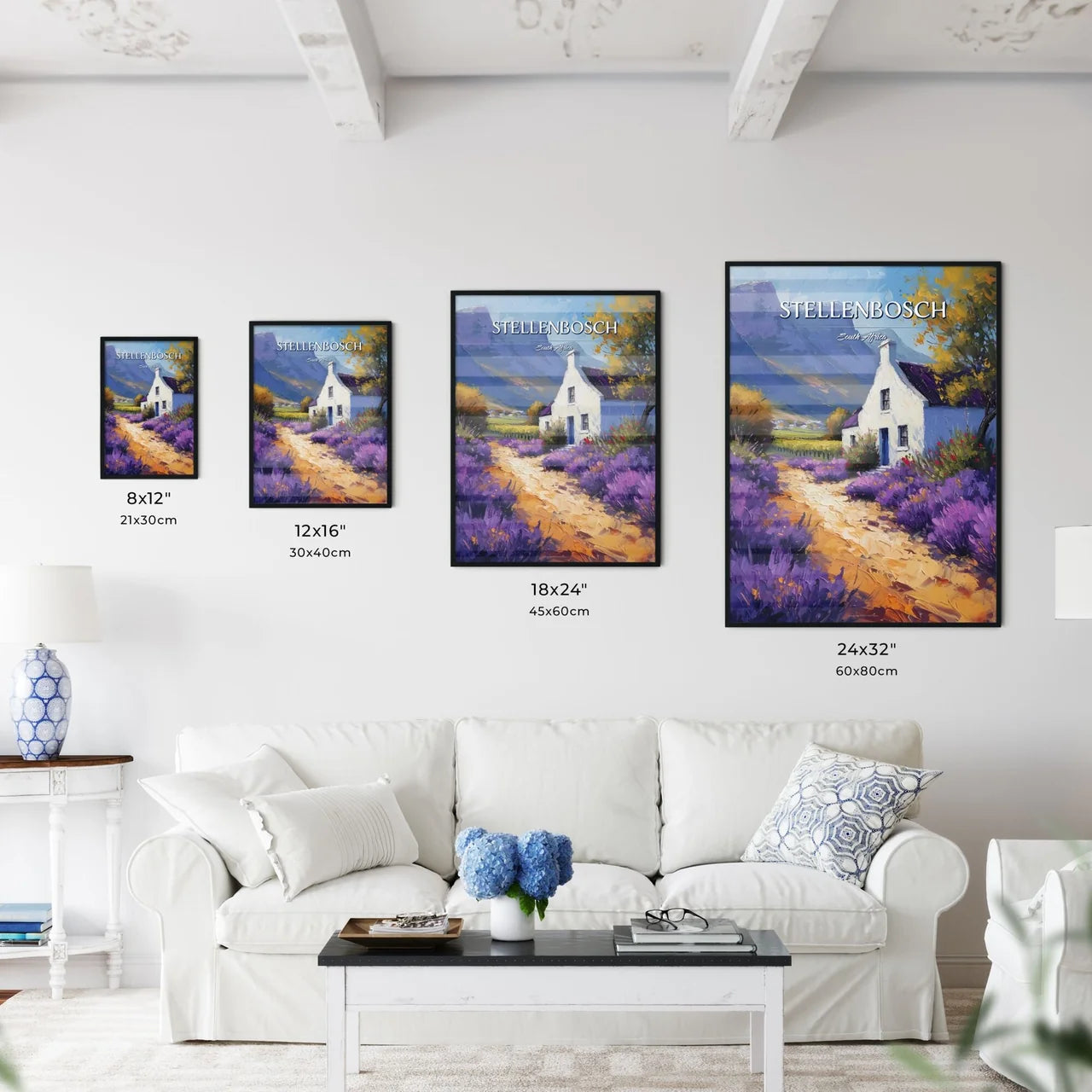Stellenbosch, South Africa - Art print of a painting of a house with purple flowers Size Chart