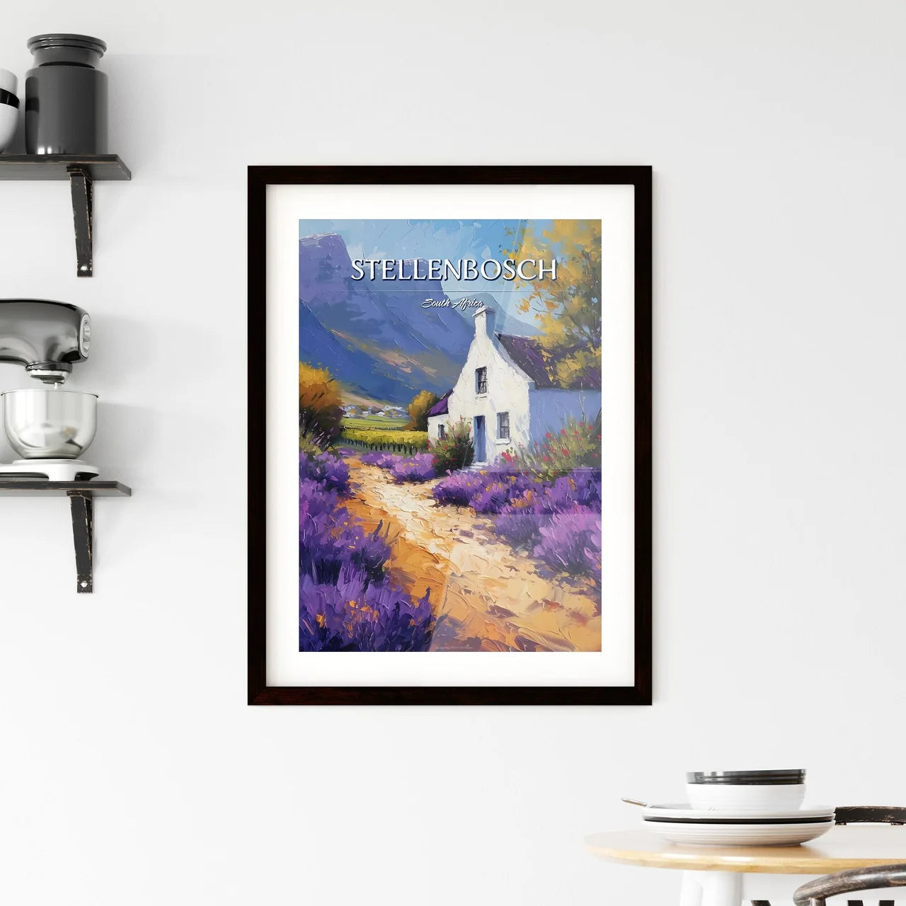 Stellenbosch, South Africa - Art print of a painting of a house with purple flowers Custom Print