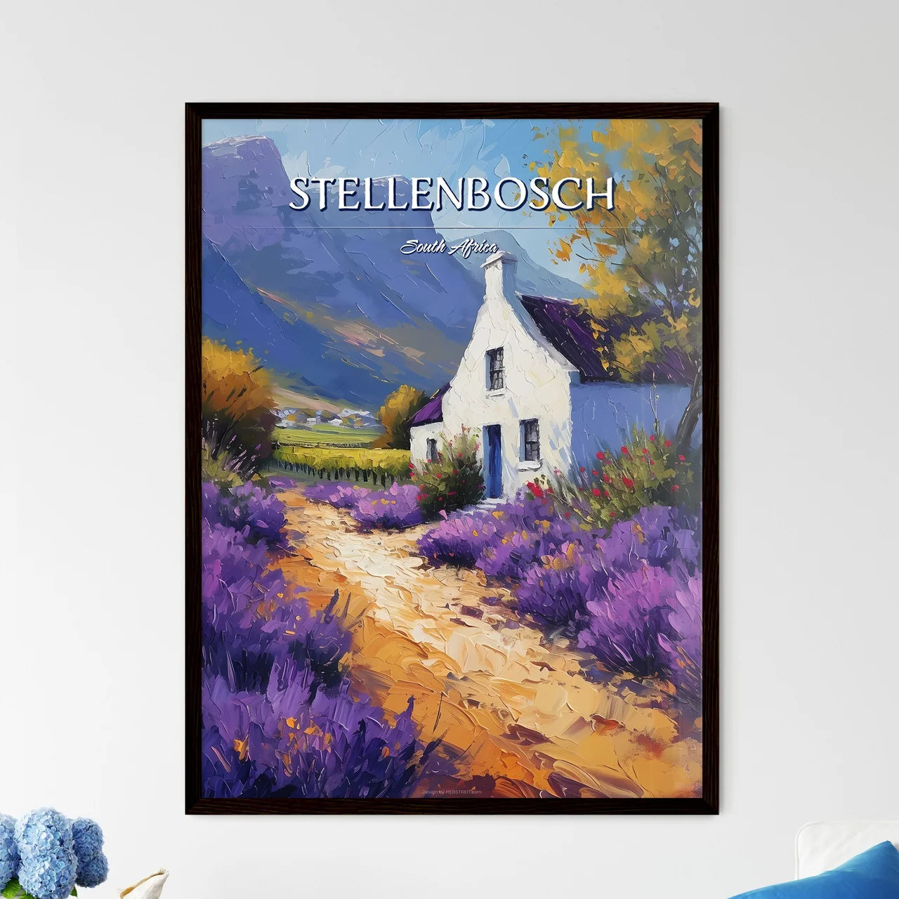 Stellenbosch, South Africa - Art print of a painting of a house with purple flowers Framed Art
