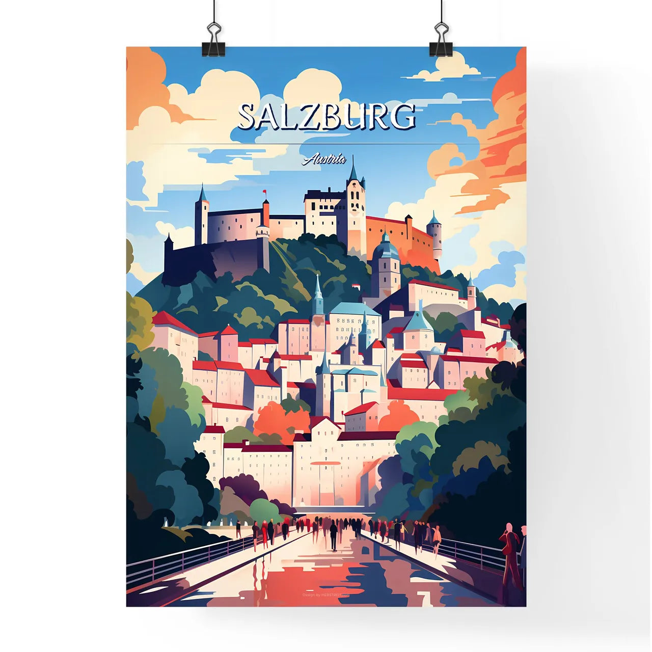Salzburg, Austria - Art print of a group of people walking on a bridge over a castle hill Poster