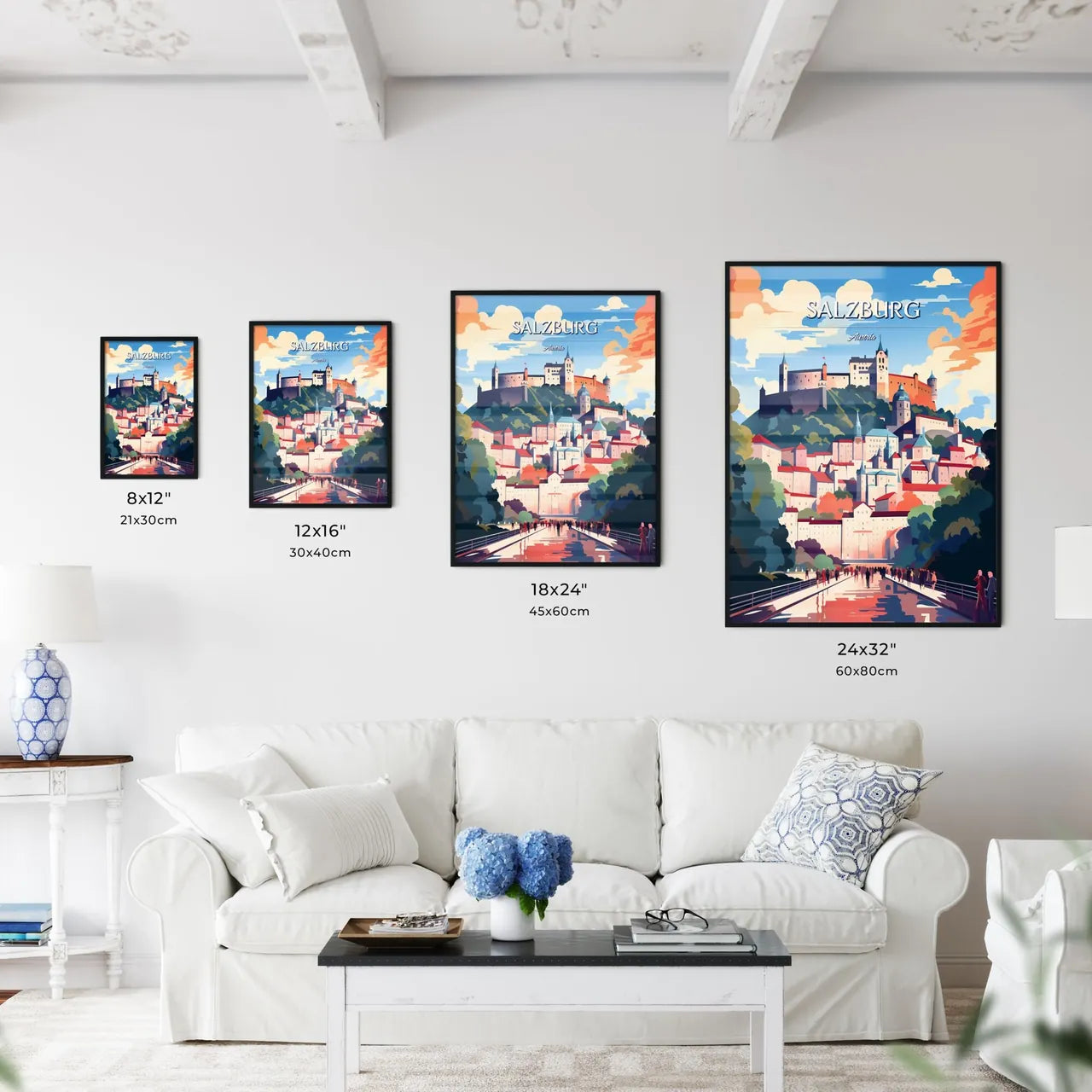 Salzburg, Austria - Art print of a group of people walking on a bridge over a castle hill Size Chart