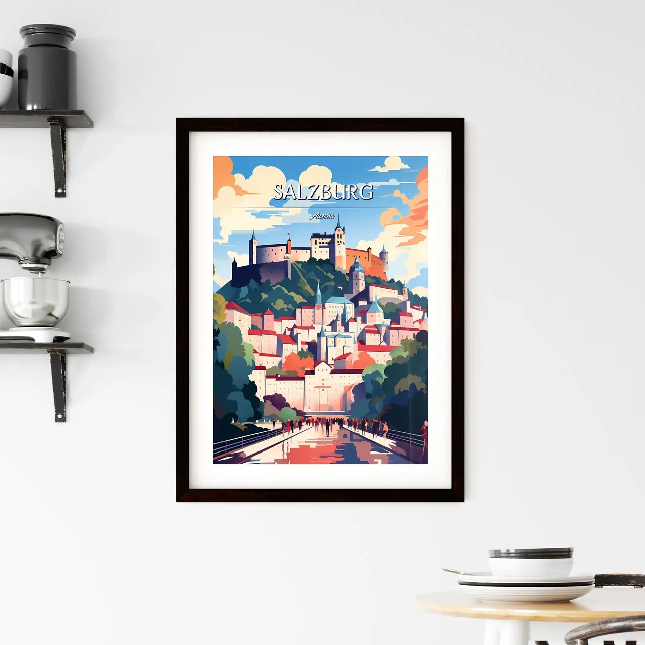 Salzburg, Austria - Art print of a group of people walking on a bridge over a castle hill Custom Print