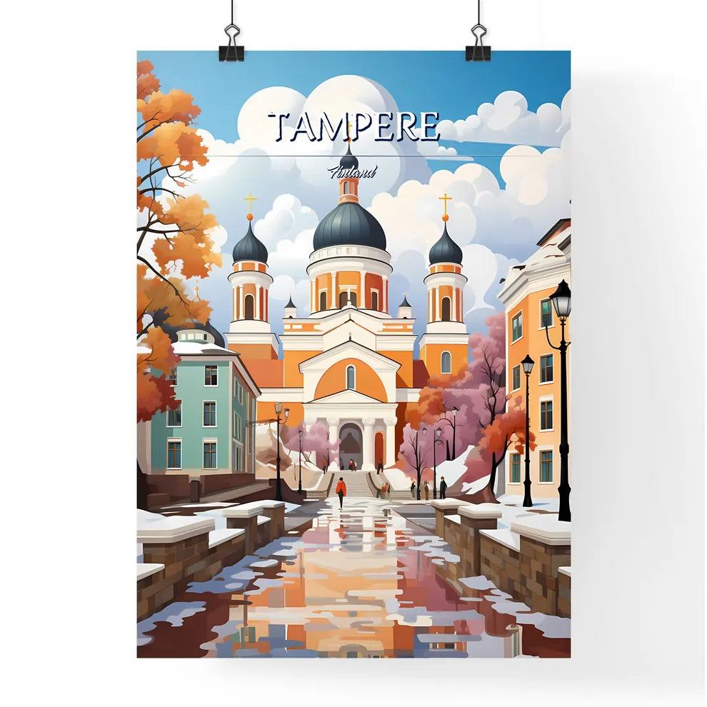 Tampere, Finland - Art print of a church with a walkway and trees Poster