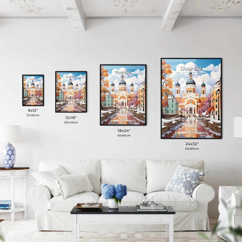 Tampere, Finland - Art print of a church with a walkway and trees Size Chart