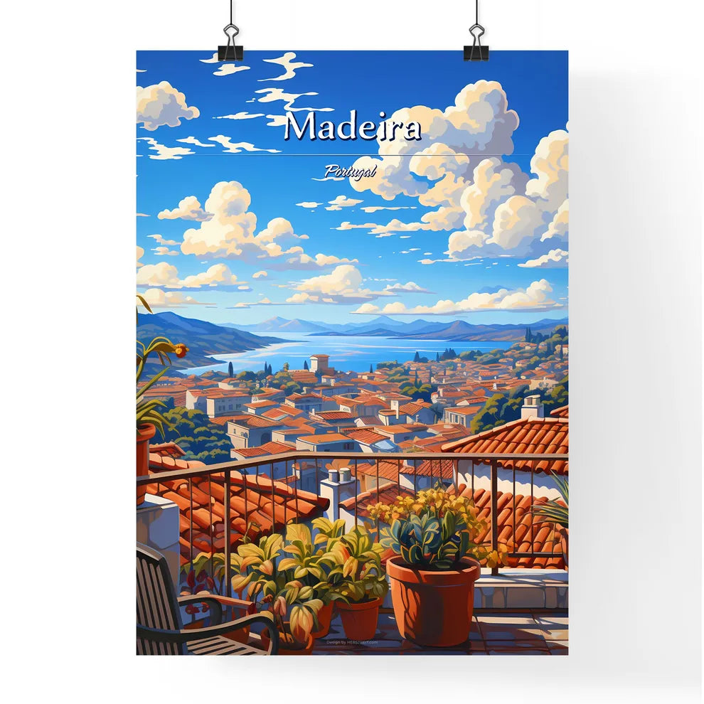 On the roofs of Madeira, Portugal - Art print of a balcony overlooking a city Poster