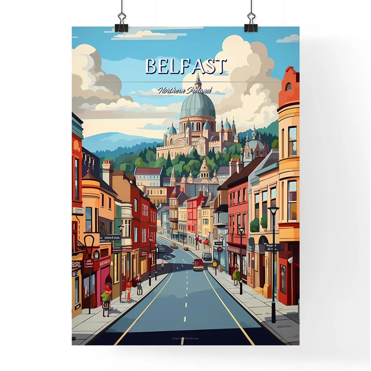 Belfast, Northern Ireland - Art print of a street with buildings and a dome on the hill Poster