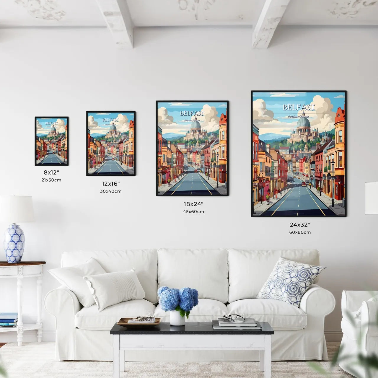 Belfast, Northern Ireland - Art print of a street with buildings and a dome on the hill Size Chart