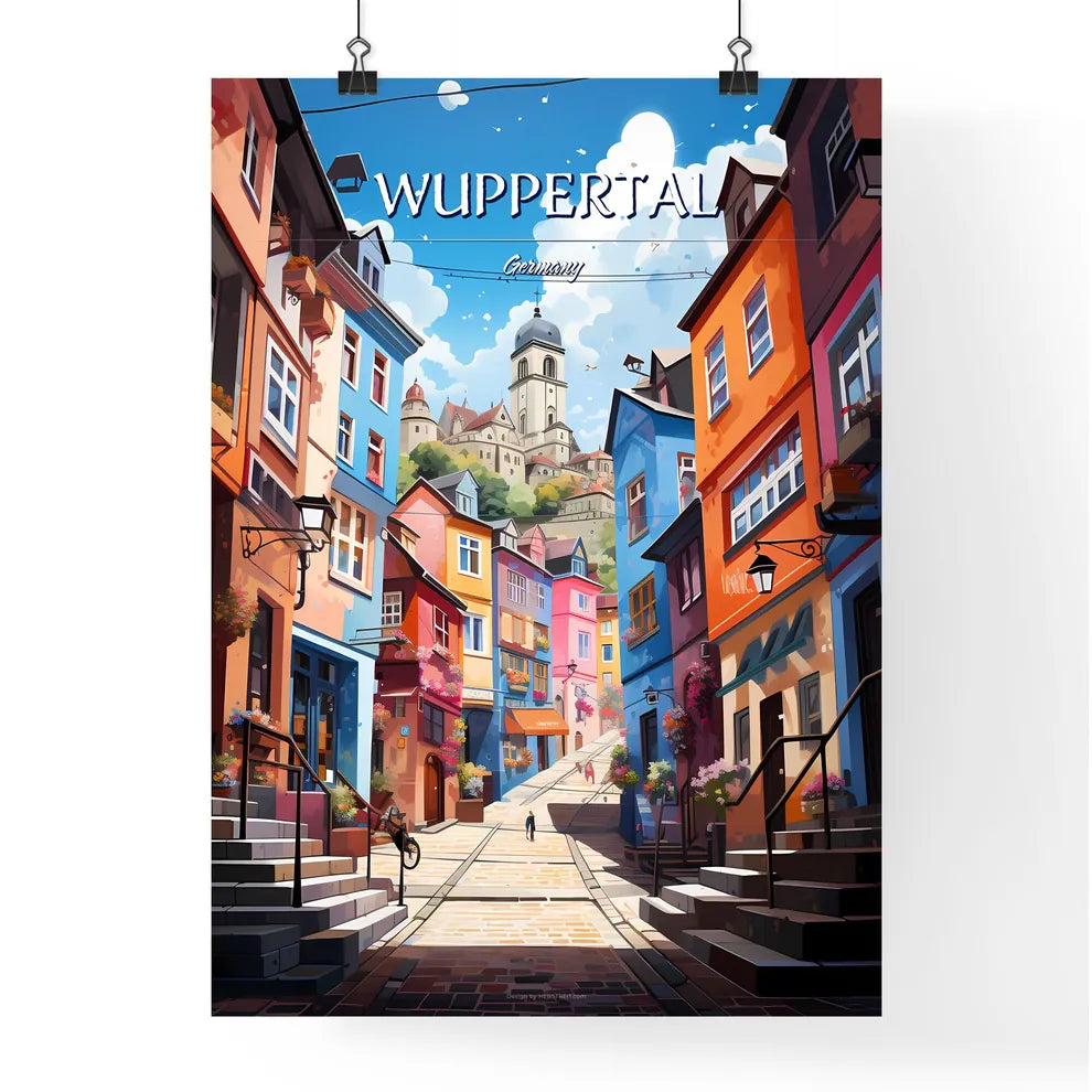Wuppertal, Germany - Art print of a colorful street with stairs and buildings Poster