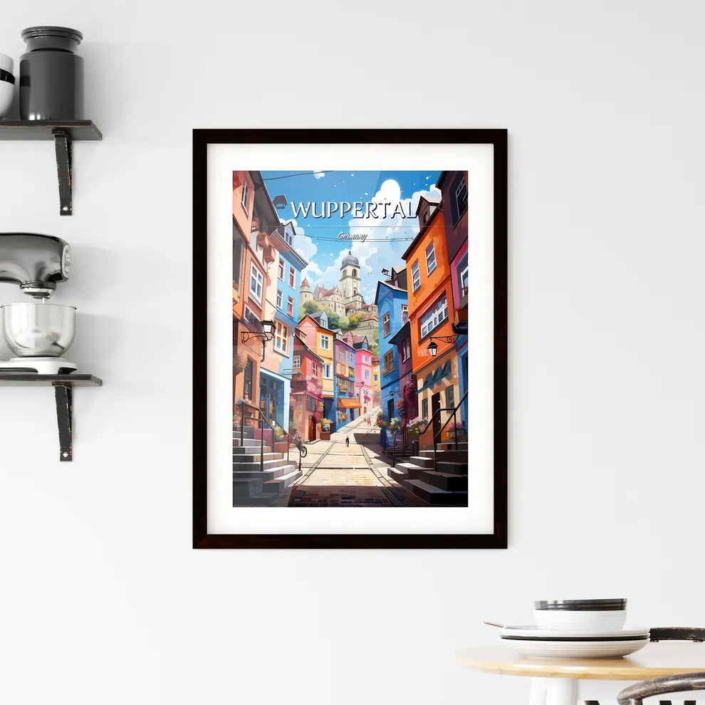 Wuppertal, Germany - Art print of a colorful street with stairs and buildings Custom Print