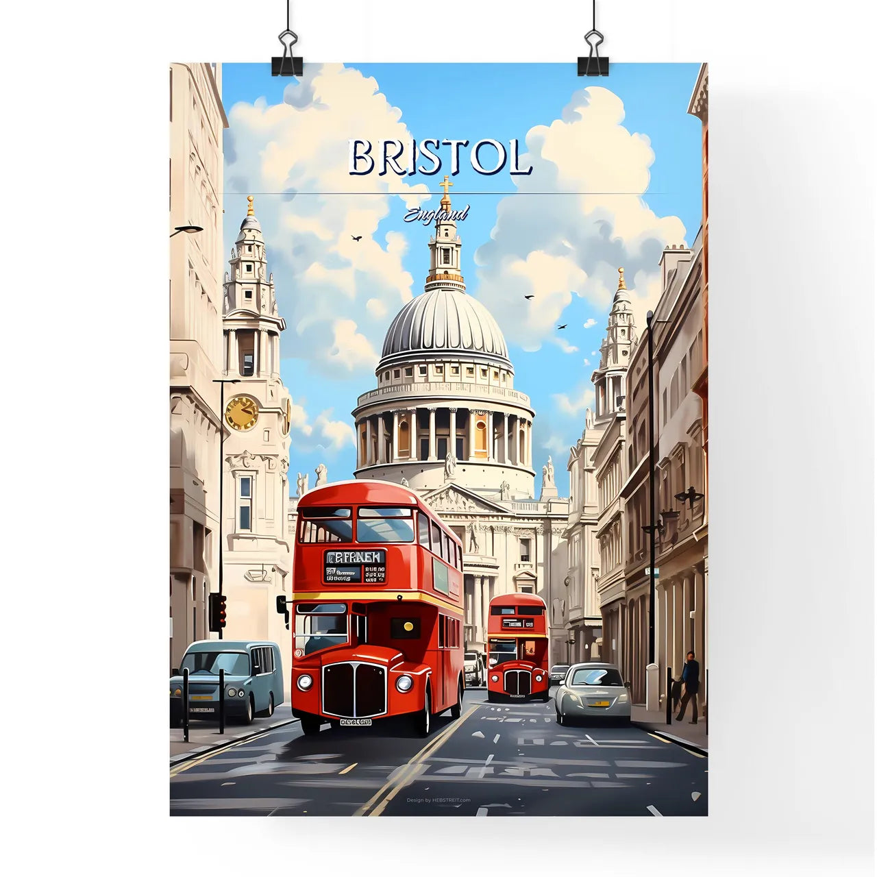 Bristol, England - Art print of a double decker bus on a street in a city Poster