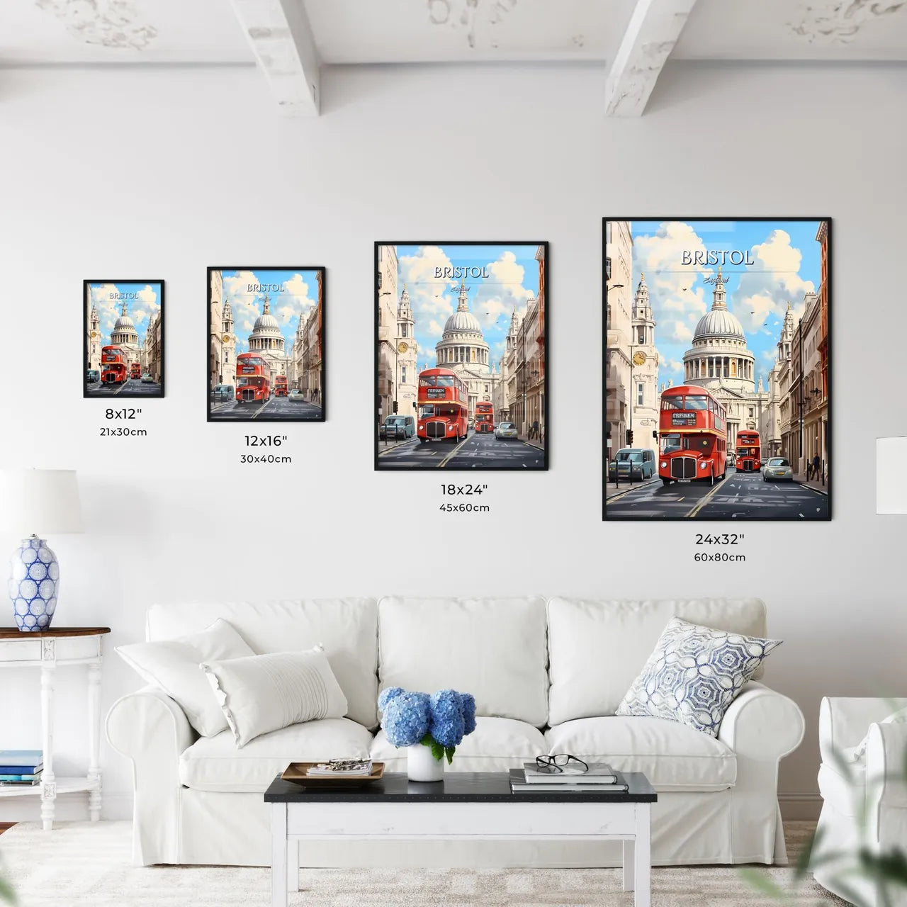 Bristol, England - Art print of a double decker bus on a street in a city Size Chart