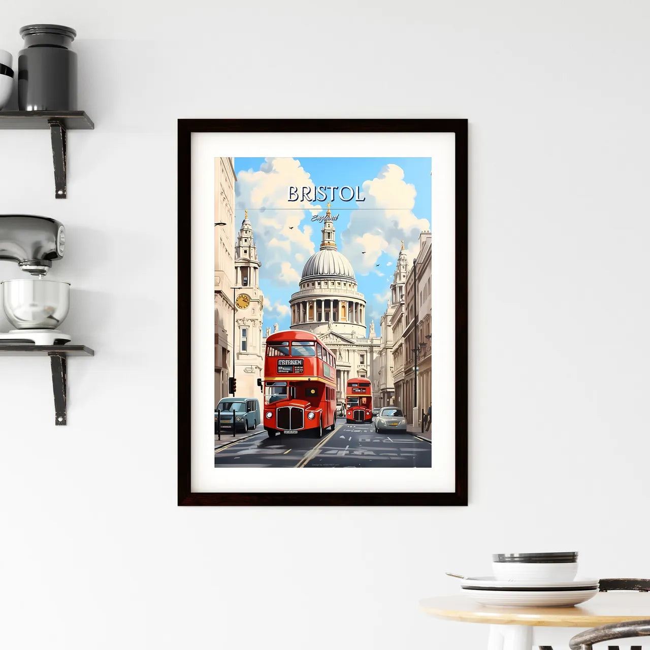 Bristol, England - Art print of a double decker bus on a street in a city Custom Print