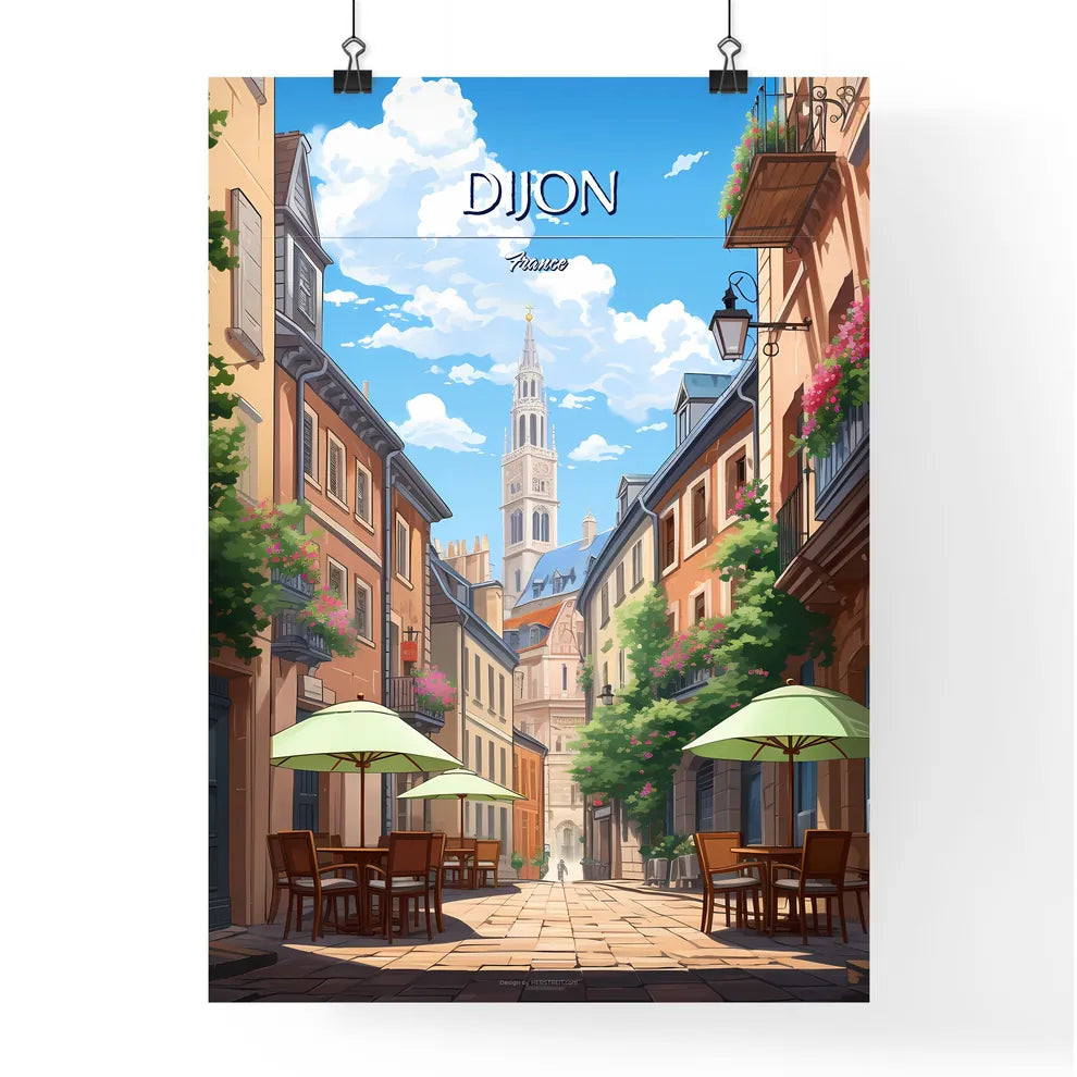 Dijon, France - Art print of a street with tables and chairs and umbrellas in a city Poster