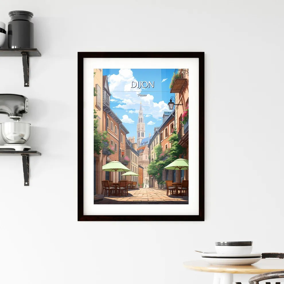 Dijon, France - Art print of a street with tables and chairs and umbrellas in a city Custom Print