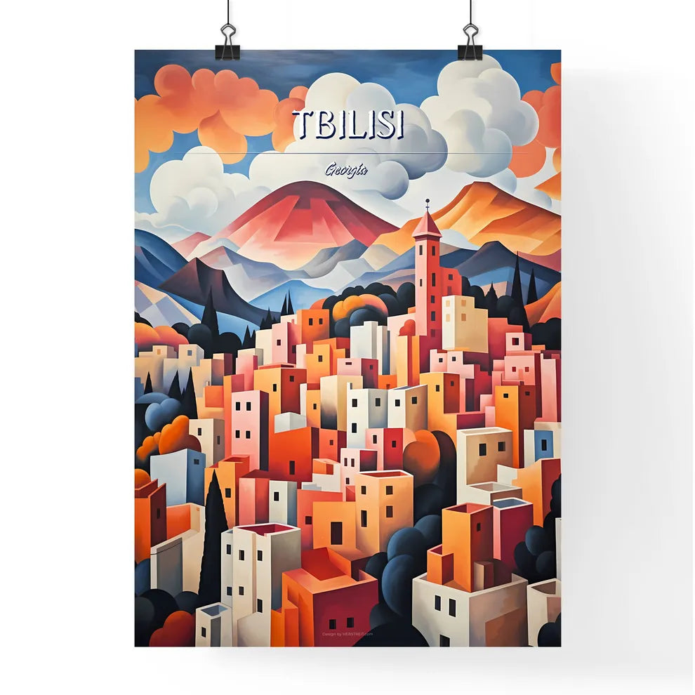 Tbilisi, Georgia - Art print of a painting of a city with mountains and clouds Poster