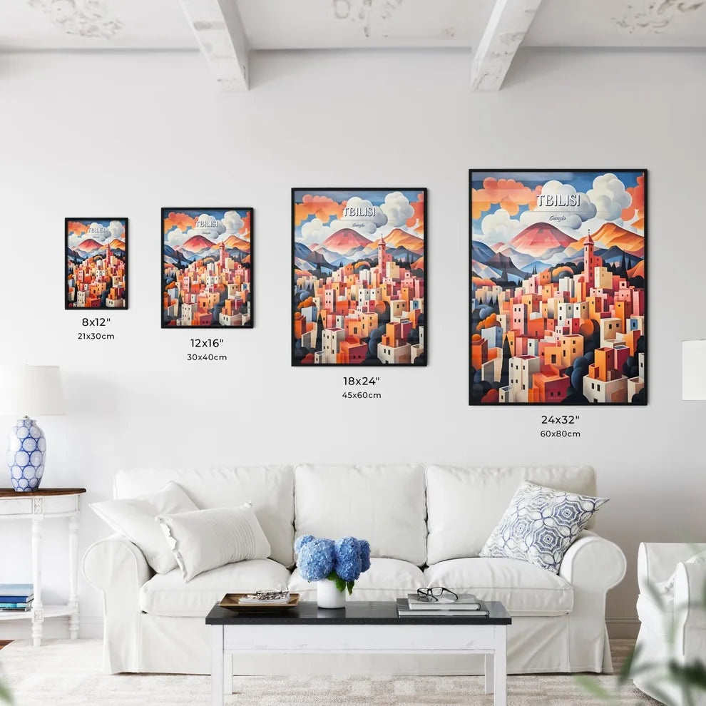 Tbilisi, Georgia - Art print of a painting of a city with mountains and clouds Size Chart