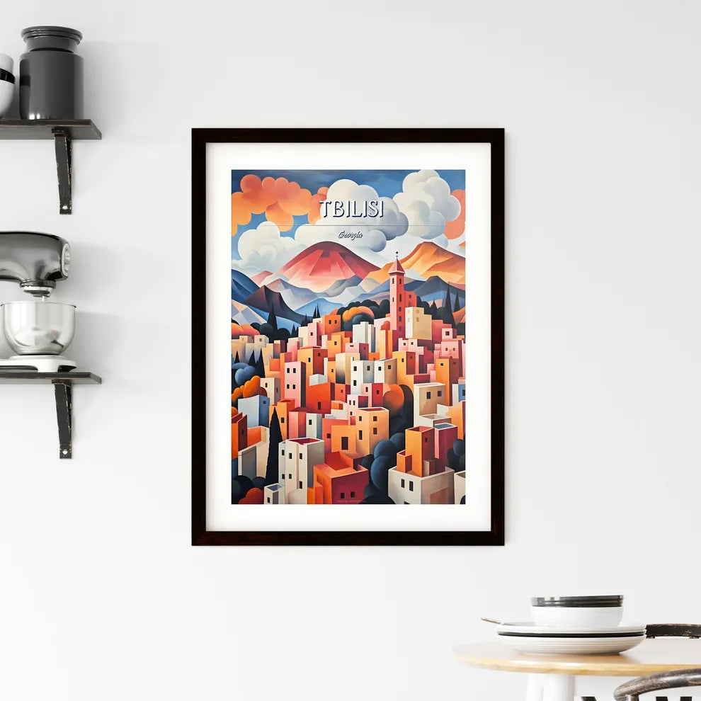 Tbilisi, Georgia - Art print of a painting of a city with mountains and clouds Custom Print