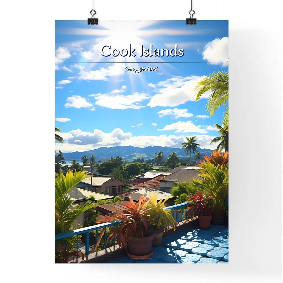 On the roofs of Cook Islands, New Zealand - Art print of a balcony with palm trees and a blue railing Poster