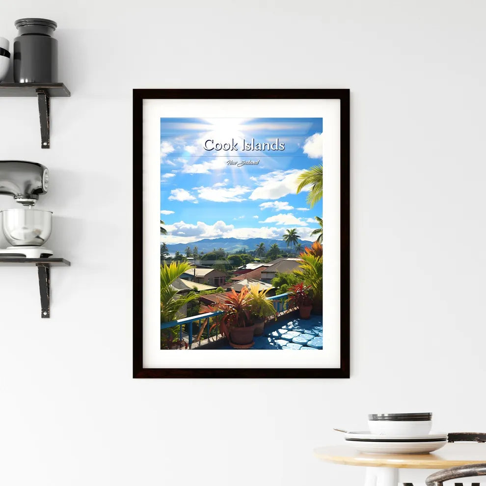 On the roofs of Cook Islands, New Zealand - Art print of a balcony with palm trees and a blue railing Custom Print