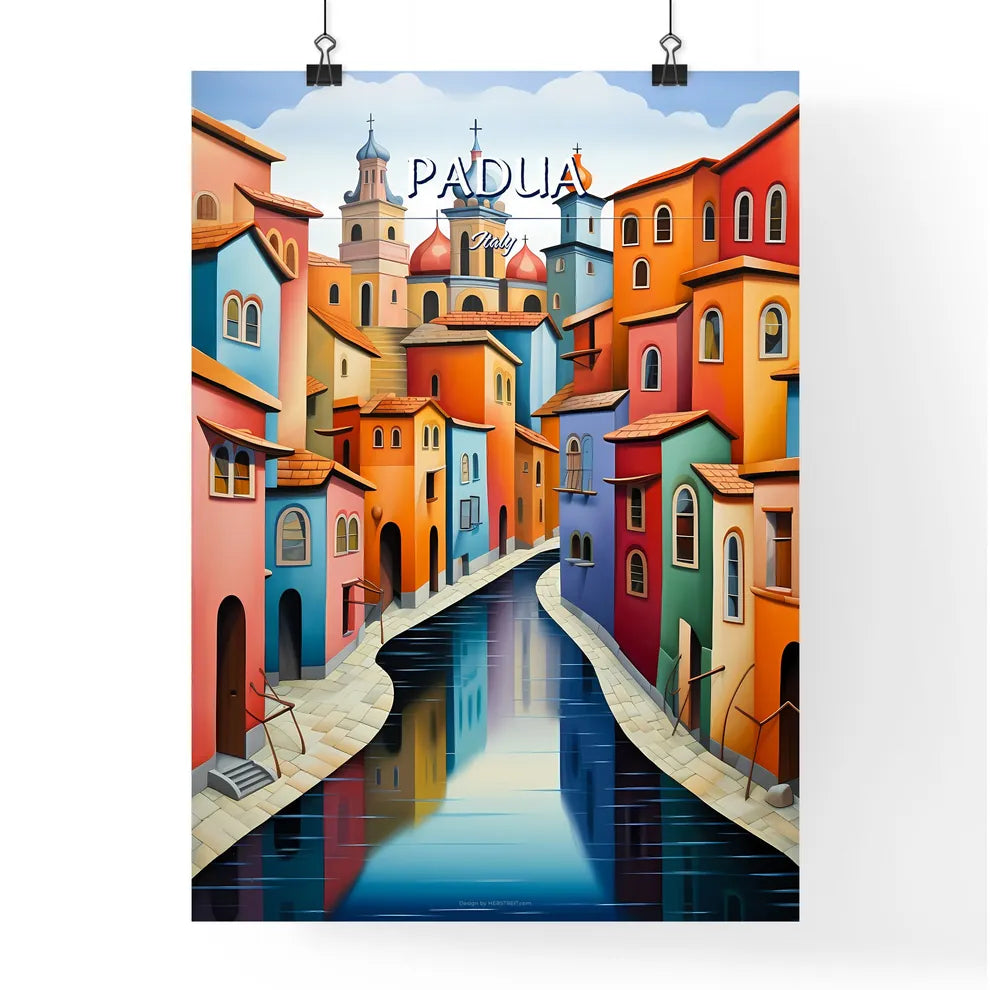 Padua, Italy - Art print of a colorful city with a river with Burano in the background Poster